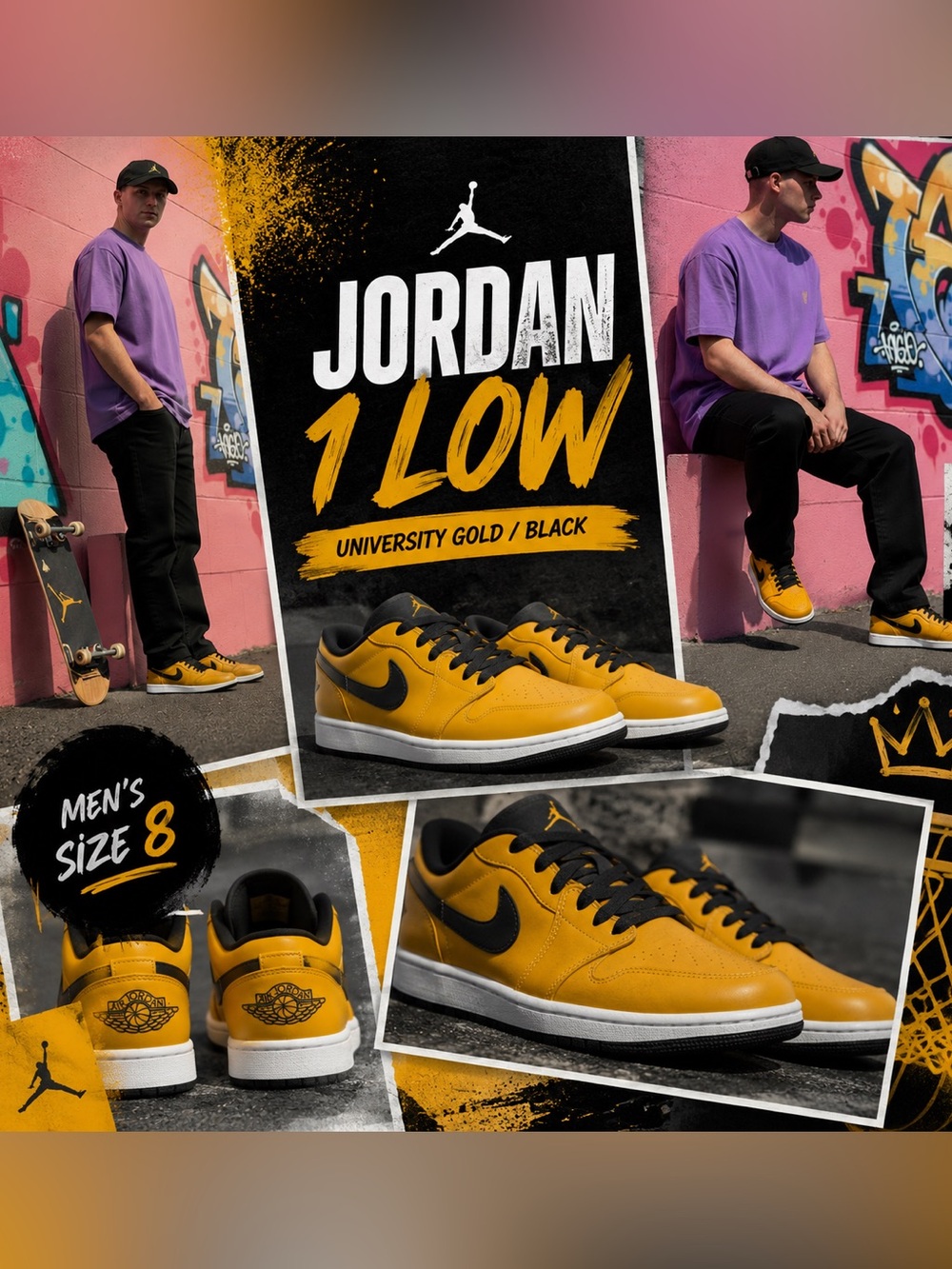 Jordan 1 Low University Gold Black Sneakers men’s 8
